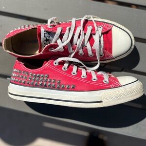 Custom made studded Converse All Stars. Cherry Red, size 9W/7M. One of a kind!